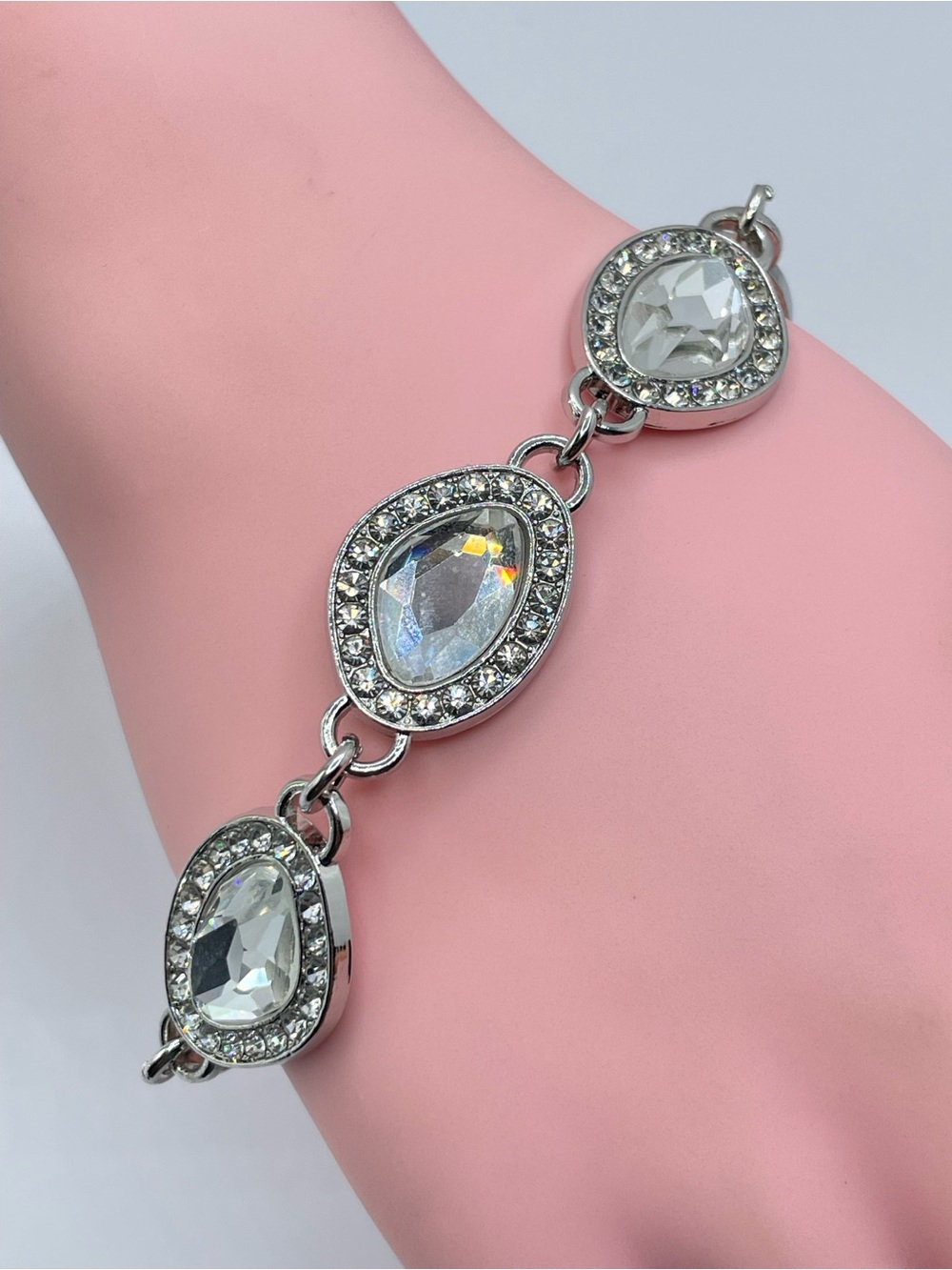 Silver White Clear Crystal Link Bracelet Elegant Glam Statement